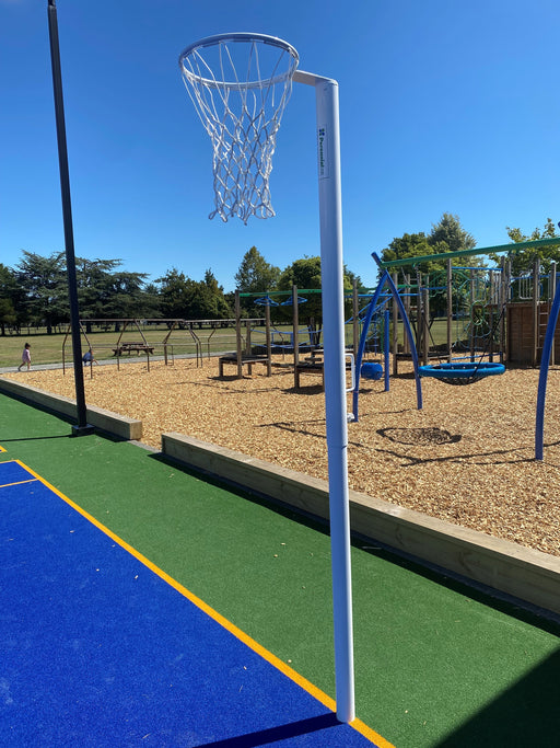 Netball semi-permanent, inground aluminium hoop with high quality net, adjustable height.