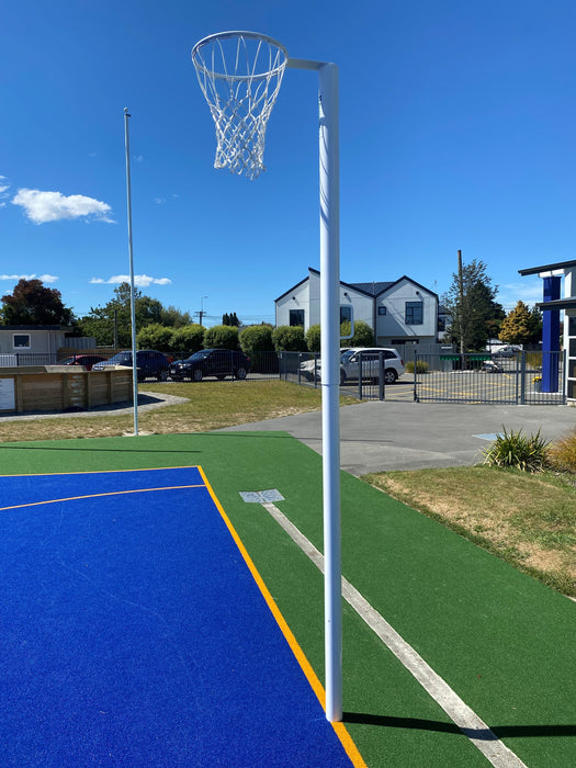 Netball semi-permanent, inground aluminium hoop with high quality net, adjustable height.