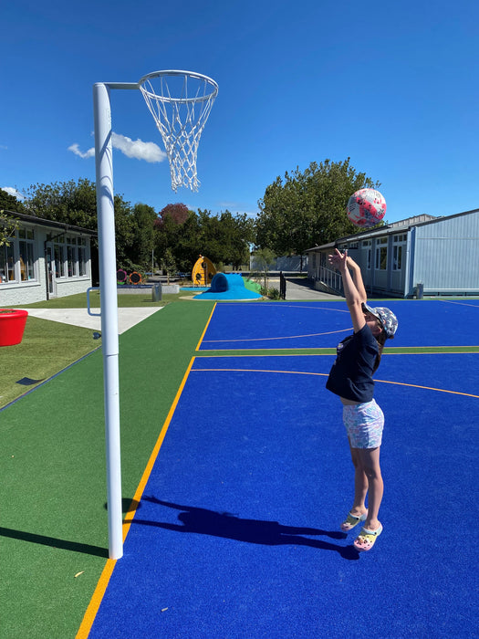 Netball semi-permanent, inground aluminium hoop with high quality net, adjustable height.