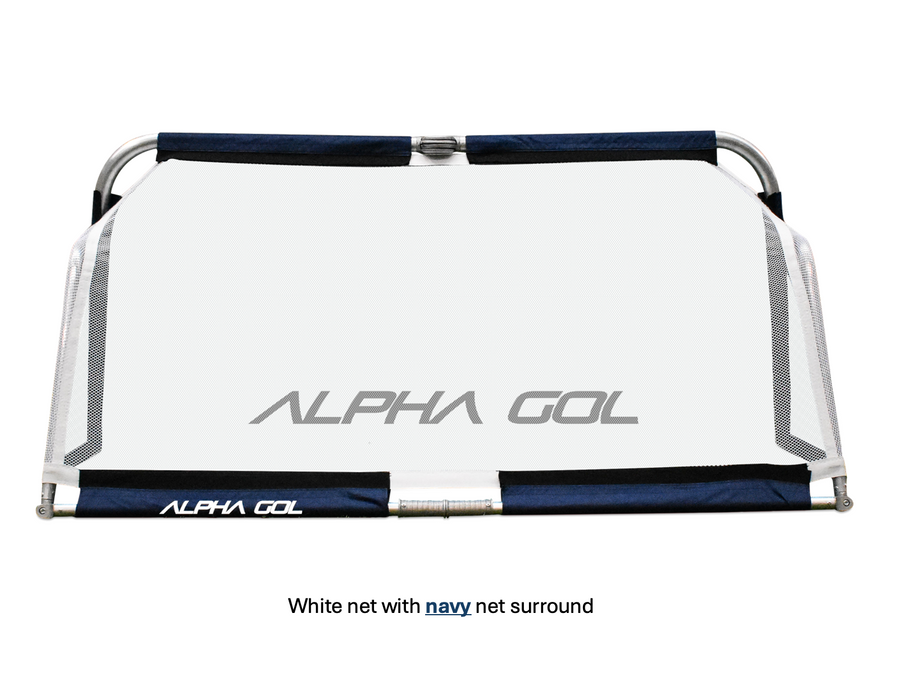 Alpha Aluminium Folding Goal with white net and navy blue net surround