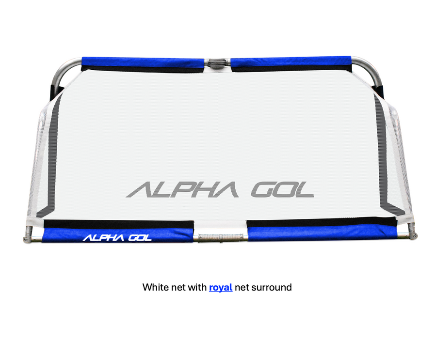 Alpha Aluminium Folding Goal with white net and royal blue net surround