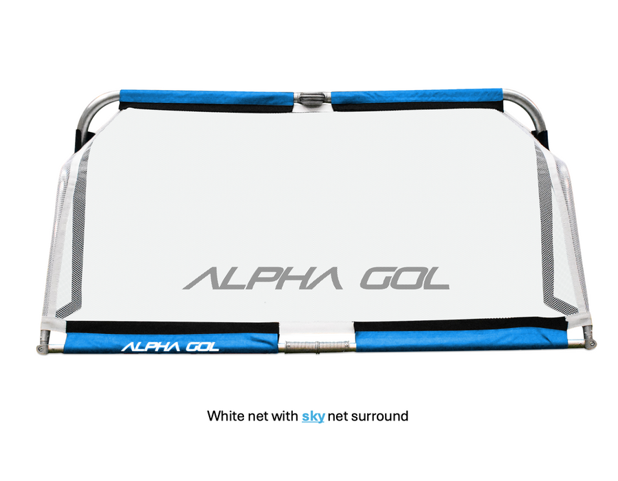 Alpha Aluminium Folding Goal with white net and sky blue net surround